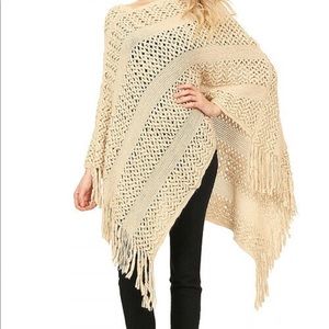 Beige Poncho with fringe trim